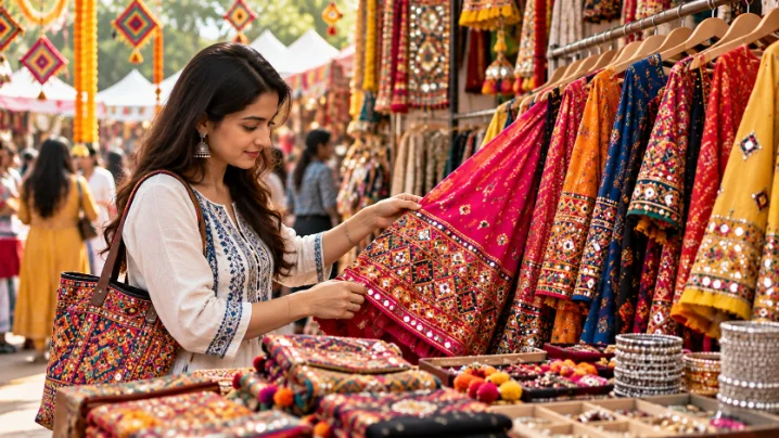 Young Indian woman checking a mirror-work chaniya choli at a festive market stall while Navratri shopping